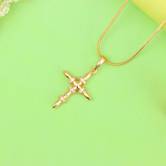 "Rose Gold Cross Pendant with CZ Ring Accents in Modern Sleek Style, XPPT1819 - Picture 2 of 13